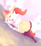  2017 ambiguous_gender braixen canid canine cheek_tuft eyelashes eyes_closed facial_tuft fangs fingers flavia-elric fur grass hi_res inner_ear_fluff lying mammal nintendo open_mouth orange_body orange_fur orange_nose pok&eacute;mon pok&eacute;mon_(species) shoulder_tuft solo tongue tuft video_games 