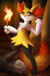  2:3 anthro black_body black_fur bloominglynx braixen canid canine cheek_tuft chest_tuft ear_tuft eyelashes facial_tuft female fingers fire fur hi_res holding_object mammal multicolored_body multicolored_fur nintendo orange_body orange_eyes orange_fur orange_nose pok&eacute;mon pok&eacute;mon_(species) shoulder_tuft solo tuft video_games white_body white_fur yellow_body 