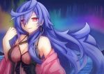  1girl alternate_costume aurora blue_hair blush breasts collarbone commission eyebrows_visible_through_hair hair_between_eyes highres iris_heart kami_jigen_game_neptune_v large_breasts long_hair neptune_(series) novus_rue ocean pink_eyes power_symbol sky smile solo symbol-shaped_pupils 