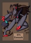  2019 alternate_version_at_source anthro bernardol22 black_body black_fur breasts brown_hair claws female fur genitals grey_body grey_fur hair head_markings hi_res inner_ear_fluff markings nintendo nipples pok&eacute;mon pok&eacute;mon_(species) ponytail pussy red_inner_ear red_markings red_pussy rosa_(pok&eacute;mon) shoulder_tuft smile toe_claws tuft video_games zoroark 