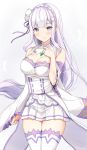  1girl bangs bare_shoulders blush braid breasts cleavage closed_mouth crown_braid detached_collar detached_sleeves dress elf emerald_(gemstone) emilia_(re:zero) flower gem hair_flower hair_ornament hair_ribbon highres kaetzchen large_breasts long_hair looking_at_viewer low-tied_long_hair pointy_ears purple_eyes re:zero_kara_hajimeru_isekai_seikatsu ribbon silver_hair smile thighhighs thighs white_dress white_legwear wide_sleeves 