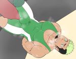  1boy bara beard black_hair blush bulge chest dark_skin erection erection_under_clothes facial_hair green_eyes green_hair male_focus multicolored_hair muscle pectorals porkjinta simple_background solo taurus_mask thighs tokyo_houkago_summoners upper_body wrestling_outfit 