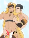  2boys abs bara beard black_hair blush brown_hair bulge chest couple erection erection_under_clothes facial_hair groping gullinbursti_(tokyo_houkago_summoners) hand_on_another&#039;s_penis highres male_focus manly master_3_(tokyo_houkago_summoners) multiple_boys muscle navel nipples open_mouth pectoral_grab pectorals porkjinta shirtless short_hair sweat thick_eyebrows thigh_cutout tokyo_houkago_summoners upper_body yaoi 