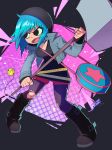  absurdres aetherion bag bell belt black_hair blue_hair boots denim denim_jacket fighting_stance handbag highres hood hoodie jingle_bell pantyhose ramona_v_flowers scott_pilgrim short_hair shorts studded_belt torn_clothes torn_legwear war_hammer weapon 