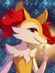 braixen canid canine cheek_tuft chest_tuft eyebrows eyelashes facial_tuft female flavia-elric fur gesture hi_res looking_at_viewer mammal nintendo pointing pok&eacute;mon pok&eacute;mon_(species) red_body red_fur red_nose shoulder_tuft smile solo tuft video_games white_body white_fur yellow_body yellow_fur 