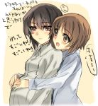  2girls brown_eyes brown_hair commentary_request eyebrows_visible_through_hair girls_und_panzer hand_on_hand hands_on_stomach hareta hug hug_from_behind multiple_girls nishizumi_maho nishizumi_miho pregnant r-15 shirt short_hair siblings simple_background sisters translation_request white_shirt 