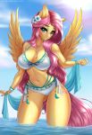  2020 5_fingers absurd_res anthro anxiety-chan blush breasts cleavage clothed clothing cutie_mark digital_media_(artwork) equid equine eyebrows eyelashes female fingers fluttershy_(mlp) friendship_is_magic hasbro hi_res looking_at_viewer mammal my_little_pony navel outside partially_submerged pegasus solo text url water wings 