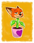  absurd_res border canid canine dipstick_ears disney elemental_creature flora_fauna fox fur green_eyes half-closed_eyes hi_res hybrid looking_at_viewer male mammal multicolored_ears narrowed_eyes nick_wilde orange_body orange_fur plant potted_plant red_fox semi-anthro simple_background smile solo theblueberrycarrots white_border yellow_background zootopia 