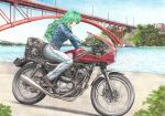  1girl black_gloves blue_sky bridge brown_footwear colored_pencil_(medium) commentary_request day denim from_side gloves green_eyes green_hair ground_vehicle jacket jeans kochiya_sanae lamppost leather leather_gloves leather_jacket lips long_hair looking_to_the_side motor_vehicle motorcycle outdoors pants profile rpracing sky solo touhou traditional_media very_long_hair water yamaha 