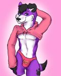  anthro bulge canid canine canis clothing domestic_dog elkhound fur hands_behind_head hoodie male mammal pawalo pink_hoodie purple_body purple_fur smile smirk solo spitz thetater thong thong_underwear topwear underwear 