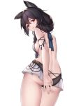  1girl absurdres animal_ears ass back bangs bare_shoulders black_hair blush breasts butt_crack covering covering_ass erune from_behind granblue_fantasy hair_between_eyes hair_over_shoulder highres long_hair looking_at_viewer looking_back nier_(granblue_fantasy) open_mouth red_eyes solo swimsuit ym_(distance819) 