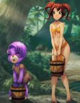  anthro barefoot brown_eyes brown_hair bucket collar detailed_background disney duo female fiona_gummi_(fan_character) fur gummi_bears hair human mammal purple_body purple_fur red_nose slave tlacuicani-studio_(artist) tree working young 