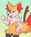  anthro black_body black_fur blue_eyes braixen canid canine capcom cheek_tuft chest_tuft ear_tuft facial_tuft fangs fur gesture green_background hi_res male mammal mega_man_(character) mega_man_(series) nintendo one_eye_closed open_mouth pawsinhoney pok&eacute;mon pok&eacute;mon_(species) sharp_teeth shoulder_tuft simple_background solo teeth thumbs_up tuft video_games white_body white_fur yellow_body yellow_fur 