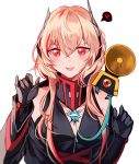  1girl bad_id bad_twitter_id bangs black_jacket black_jumpsuit blush breasts commentary_request dinergate_(girls_frontline) eyebrows_visible_through_hair fangs girls_frontline gloves gradient_hair hair_between_eyes hands_up headgear heart jacket long_hair long_sleeves looking_at_viewer m4_sopmod_ii_(girls_frontline) mod3_(girls_frontline) multicolored_hair off_shoulder open_mouth pink_hair red_eyes red_hair ribbon ro635_(dinergate) sidelocks silence_girl simple_background smile spoken_heart streaked_hair upper_body white_background 
