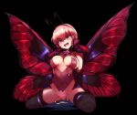  1girl :d antennae bangs bare_shoulders black_background black_gloves blonde_hair boots breasts butterfly_wings cleavage cleavage_cutout commentary_request elbow_gloves eyebrows_visible_through_hair flower full_body gloves hair_between_eyes head_tilt highres honey insect_girl large_breasts looking_at_viewer monster_girl monster_girl_encyclopedia nanostar open_mouth papillon_(monster_girl_encyclopedia) red_eyes red_wings shiny shiny_hair short_hair sitting sleeveless smile solo thigh_boots thighhighs wings 
