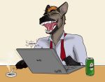  anthro athletic beverage_can cigarette dota dota2 english_text hyaenid laugh laughing_at male male/male mammal ramish skinny smoke solo spotted_hyena text video_games 