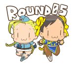  2girls :&gt; :3 animal_ears blush_stickers boots braid cammy_white capcom chibi chun-li english_text holding_hands lowres multiple_girls nanboku smile street_fighter tiger_ears twin_braids |_| 