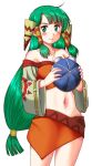  1girl blush breasts closed_mouth feena_(grandia) grandia grandia_i green_eyes green_hair hair_tubes hat jewelry long_hair looking_at_viewer low-tied_long_hair midriff motomiya_ryou navel necklace simple_background skirt smile solo white_background wide_sleeves 