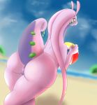  anthro ball beach beach_ball big_butt breasts butt detailed_background digital_media_(artwork) dragon female genitals goodra goopyarts_(artist) green_eyes hi_res looking_at_viewer nintendo nude outside pok&eacute;mon pok&eacute;mon_(species) presenting presenting_hindquarters presenting_pussy pussy raised_tail sand seaside sky slightly_chubby slime smile solo thick_thighs video_games water wide_hips 