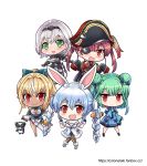  5girls animal_ears armor blonde_hair blue_hair blush blush_stickers bow braid breasts bunny_ears bunny_girl carrot carrot_hair_ornament chibi cleavage_cutout coat colonel_aki commentary_request dark_skin detached_sleeves double_bun elf eyepatch food_themed_hair_ornament gauntlets gloves green_eyes green_hair hair_between_eyes hair_bow hair_ornament hairband hat heart hololive hololive_fantasy houshou_marine kintsuba_(flare_channel) large_breasts long_sleeves multicolored_hair multiple_girls open_mouth panda pantyhose pirate_hat pointy_ears ponytail red_eyes red_hair shiranui_flare shirogane_noel shoulder_armor simple_background single_thighhigh skirt skull_hair_ornament smile stole thighhighs twin_braids twintails two-tone_hair uruha_rushia usada_pekora virtual_youtuber white_background white_hair wide_sleeves 