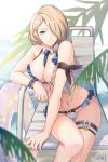  1girl arm_support bare_shoulders beach_chair between_breasts bikini blonde_hair blue_eyes blue_neckwear bracelet breasts cleavage closed_mouth da-cart detached_collar fern fire_emblem fire_emblem:_three_houses frilled_bikini frills hair_over_one_eye highres innertube jewelry large_breasts long_hair looking_at_viewer mercedes_von_martritz necktie necktie_between_breasts ocean sand sitting smile swimsuit thighlet water white_bikini 