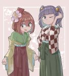  2girls 5alive bangs bell blunt_bangs brown_eyes brown_hair closed_mouth commentary_request cosplay costume_switch eyebrows_visible_through_hair flower hair_bell hair_between_eyes hair_flower hair_ornament hakama hieda_no_akyuu highres japanese_clothes kimono long_sleeves looking_at_viewer motoori_kosuzu multiple_girls open_mouth purple_eyes purple_hair short_twintails smile standing touhou twintails wide_sleeves 