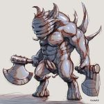  1boy axe bara_(totocos) borrowed_character bra derivative_work dual_wielding grey_bra greyscale hatching_(texture) highres holding holding_axe horns male_focus monochrome monster nipples original shiny shiny_skin signature simple_background sketch solo spikes standing teeth underwear 