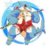  1:1 2020 allstatus3 anthro belly blue_body blush bulge clothed clothing fish hi_res kemono male marine moobs nipples overweight overweight_anthro overweight_male shark solo weapon 