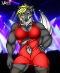  anthro blonde_hair breasts canid canine canis clothing detailed_background dress female fur grey_body grey_fur hair hi_res mammal multicolored_body multicolored_fur muscular muscular_anthro muscular_female solo two_tone_body two_tone_fur white_body white_fur wolf yellow_eyes zi0808 