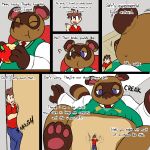  1:1 animal_crossing anthro belly belly_squish big_belly brown_body brown_fur canid canine clothing comic duo english_text fur growth human knj_ex macro male mammal nintendo overweight pawpads paws procyonid raccoon raccoon_dog simple_background size_difference smaller_male squish tanuki text tom_nook_(animal_crossing) video_games 