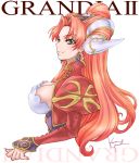  1girl breasts cleavage earrings grandia grandia_ii green_eyes hair_ornament jewelry kanoe_youshi long_hair looking_at_viewer millenia_(grandia) red_hair simple_background smile solo white_background 