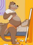  2020 absurd_res anthro bed belly black_nose bodily_fluids brown_body bulge clothing delsol furniture hi_res inside lutrine male mammal mustelid overweight overweight_anthro overweight_male solo sweat underwear 