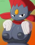  absurd_res anthro big_breasts breasts claws dezmine21 fangs female fur grey_body grey_fur hi_res looking_at_viewer nintendo pok&eacute;mon pok&eacute;mon_(species) simple_background smug solo video_games weavile 