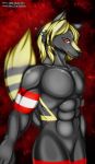  anthro blonde_hair canid canine fluffy fluffy_tail fur grey_body grey_fur hair hi_res male mammal multicolored_body multicolored_fur muscular muscular_anthro muscular_male red_eyes simple_background solo two_tone_body two_tone_fur yellow_body yellow_fur zi0808 