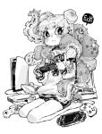  1girl ahoge animal barcode barefoot blush closed_mouth controller double_bun ear_piercing earrings english_text fingernails game_console game_controller greyscale hair_bun handheld_game_console hb_091 highres holding jewelry kneeling looking_back monochrome nintendo_ds nintendo_switch octopus original piercing playing_games playstation_4 playstation_portable qr_code short_eyebrows short_hair simple_background speech_bubble spikes tentacles white_background wii 