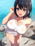  1girl :d black_hair blue_eyes blush bottomless breasts character_request cleavage copyright_request covered_nipples highres large_breasts leaning_forward no_bra ocean open_mouth rock see-through shirt short_hair smile solo standing vright_leftv water wet wet_clothes wet_shirt 