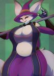  absurd_res anthro asaneman big_breasts blizzard_entertainment breasts canid cheek_tuft cleavage clothed clothing facial_tuft female hat headgear headwear hi_res looking_at_viewer mammal motion_lines navel open_mouth simple_background slightly_chubby smile solo thick_thighs tongue tuft victoria_(asaneman) video_games vulpera warcraft wide_hips witch_hat yellow_eyes 