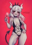  1girl areola_slip areolae artist_name bangs black_choker black_hairband black_swimsuit blunt_bangs blush breasts champagne_flute choker cleavage commentary cowboy_shot cup demon_girl demon_horns demon_tail drinking_glass english_commentary film_grain grin groin groin_tendon hair_over_shoulder hairband half-closed_eyes halterneck hand_on_hip hand_up helltaker holding holding_cup horns large_breasts long_hair lucifer_(helltaker) mole mole_under_eye nachikusan navel o-ring o-ring_swimsuit pale_skin partially_visible_vulva patreon_logo patreon_username pubic_hair pubic_hair_peek red_background red_eyes ringed_eyes shiny shiny_hair sideboob sidelocks simple_background smile smug solo sparkle spiked_hairband spikes standing swimsuit tail thighs tied_hair toned white_hair white_horns 