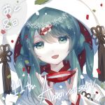  1girl anniversary commentary confetti cup green_eyes green_hair hair_ornament hands_up hatsune_miku holding japanese_clothes kimono long_hair looking_at_viewer open_mouth sakazuki shiromuku smile solo tassel twintails upper_body vocaloid white_kimono yamiluna39 yuki_miku yuki_miku_(2013) 