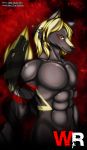  anthro blonde_hair canid canine fluffy fluffy_tail fur grey_body grey_fur hair hi_res male mammal multicolored_body multicolored_fur muscular muscular_anthro muscular_male red_eyes simple_background solo two_tone_body two_tone_fur yellow_body yellow_fur zi0808 