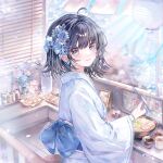  1girl absurdres ahoge black_hair blue_eyes blue_flower blush bow bowl chopsticks closed_mouth earrings flower food from_side hair_flower hair_ornament highres holding holding_chopsticks indoors japanese_clothes jewelry kengdeji kimono lantern large_variant_set long_sleeves looking_at_viewer looking_to_the_side noodles obi original petals ramen sash short_hair smile solo variant_set wide_sleeves window 