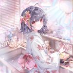  1girl absurdres ahoge black_hair blush bow bowl chopsticks closed_mouth earrings floral_print flower food from_side hair_flower hair_ornament highres holding holding_chopsticks indoors japanese_clothes jewelry kengdeji kimono lantern large_variant_set long_sleeves looking_at_viewer looking_to_the_side noodles original petals red_eyes short_hair smile solo variant_set white_kimono window 