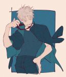  1boy black_jacket black_shirt blindfold_around_neck blue_background blue_eyes border cowboy_shot cropped_legs gojou_satoru grin highres jacket jacket_on_shoulders jujutsu_kaisen looking_at_viewer male_focus mim_(mimya0600) shirt short_hair signature smile solo teeth thumb_in_pocket white_border white_hair 