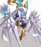  1girl ass blue_eyes blue_gemstone breasts chromatic_aberration expressionless floating full_body gem grey_background halo highres humanoid_robot joints long_hair looking_at_viewer mechanical_hair mechanical_halo mechanical_wings medarot medium_breasts narrow_waist no_mouth no_nose original robot robot_girl robot_joints sideways_glance solo very_long_hair wide_hips winged_arms wings yoyoyoyoyo_(turuse) 