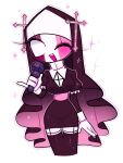  1018sus 1girl ;d arm_at_side belt black_dress black_thighhighs black_veil blank_eyes breasts colored_skin cropped_legs cross dress fewer_digits friday_night_funkin' frilled_sleeves frills garter_straps hand_up hat highres holding holding_microphone juliet_sleeves long_sleeves looking_at_viewer medium_breasts microphone nun one_eye_closed open_mouth pencil_dress pink_belt pinky_out puffy_sleeves sarvente_(friday_night_funkin') shirt simple_background smile solo sparkle standing teeth thigh_gap thighhighs upper_teeth_only v-neck veil white_background white_shirt white_skin white_sleeve_cuffs zettai_ryouiki 