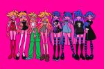  6+girls ahoge alternate_costume alternate_hairstyle aqua_dress aqua_pants aqua_shoes arm_at_side arm_behind_head asymmetrical_bangs black_boots black_dress black_eyes black_shirt black_shoes black_shorts black_skirt black_thighhighs blonde_hair blue_hair blue_sleeve_cuffs blue_sleeves blue_theme blunt_bangs blunt_ends boots bow braid braided_ponytail brown_boots brown_dress brown_shoes buttons cargo_pants center-flap_bangs closed_mouth collared_dress colored_inner_hair colored_skin commentary_request cropped_shirt cross-laced_clothes cross-laced_dress double_bun dress dress_shoes dual_persona earrings emo_fashion english_text eyeshadow facing_viewer fashion flat_color flats frown full_body gold_choker goth_fashion gradient_hair green_pants grey_skirt hair_between_eyes hair_bow hair_bun hair_ribbon hair_tubes hair_wings half_updo hand_on_own_hip headband high-waist_pants high_ponytail highres honekoneko_(psg) horizontal-striped_sleeves horizontal-striped_thighhighs interlocked_fingers jenny_kaori jewelry juliet_sleeves knee_boots lace-trimmed_dress lace_trim layered_sleeves legs_apart loafers long_shirt long_sidelocks long_sleeves looking_at_viewer looking_to_the_side makeup mary_janes midriff miniskirt multicolored_hair multiple_girls neon_palette off-shoulder_shirt off_shoulder official_alternate_costume official_alternate_hairstyle official_art one_eye_closed open_mouth orange-tinted_eyewear own_hands_together pants panty_&amp;_stocking_with_garterbelt panty_(psg) parted_bangs partially_shaded_face pearl_earrings penny_loafers peter_pan_collar pink_background pink_eyeshadow pink_hair pink_skin pleated_skirt pointing pointing_at_self ponytail print_shirt puffy_sleeves punk raglan_sleeves raised_eyebrows red_sleeves ribbon ring ringer_t-shirt see-through_clothes see-through_sleeves shirt shoes short_dress short_over_long_sleeves short_sleeves shorts siblings side-by-side sidelocks silver_earrings simple_background single_bracelet single_hair_tube sisters skinny skirt skull_print sleeve_cuffs sleeveless sleeveless_shirt sleeves_past_wrists smile sneakers solid_circle_eyes spaghetti_strap standing stitches stocking_(psg) strapless strapless_dress streetwear stuffed_animal stuffed_cat stuffed_toy sunglasses t-shirt teeth thighhighs tinted_eyewear triangle_earrings twintails white-framed_eyewear white_headband white_shirt white_sleeve_cuffs white_sleeves white_thighhighs 