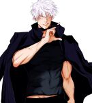  1boy aqua_eyes black_jacket black_pants black_shirt blindfold_around_neck earrings gojou_satoru gojouify hair_between_eyes highres jacket jacket_on_shoulders jewelry jujutsu_kaisen male_focus midriff_peek muscular muscular_male pants parted_lips shirt short_hair smile solo upper_body white_background white_hair 