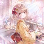  1girl absurdres ahoge blush bow bowl bracelet brown_eyes brown_hair chopsticks closed_mouth cup floral_print flower food from_side hair_flower hair_ornament highres holding holding_chopsticks indoors japanese_clothes jewelry kengdeji kimono lantern large_variant_set long_sleeves looking_at_viewer noodles obi original paper_lantern red_bow sash short_hair smile solo variant_set wide_sleeves window yellow_eyes yellow_kimono 
