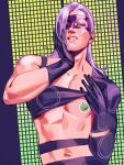  1boy broad_shoulders domino_mask grid_background highres jojo_no_kimyou_na_bouken long_hair male_focus mask melone navel purple_eyes purple_hair solo sticker_on_chest toned toned_male upper_body vento_aureo yahidna 