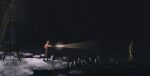  2boys black_sky disco_elysium flashlight from_side harry_du_bois highres holding holding_flashlight jacket kim_kitsuragi ladder mimulishizi multiple_boys night orange_jacket outdoors profile rock scenery sky snow utility_pole walking water wide_shot 